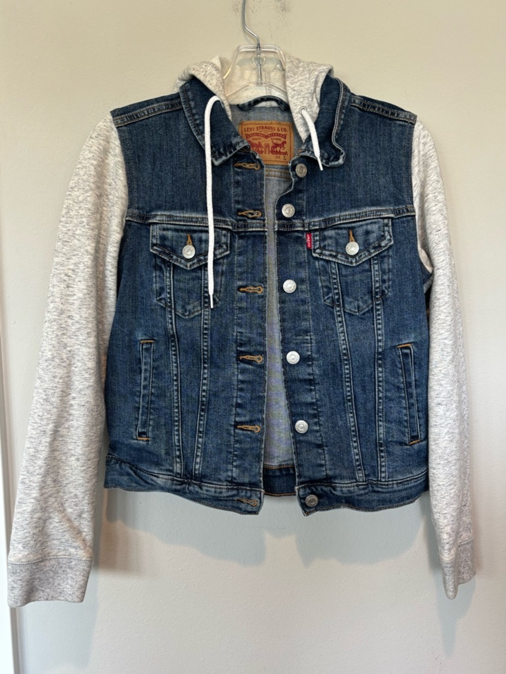Levi's Blue Denim Jacket with Light Gray Hooded Sleeves